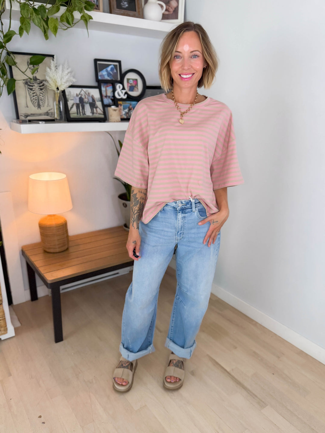 Islaire Oversized Stripe Boyfriend Tee- PINK/OAT