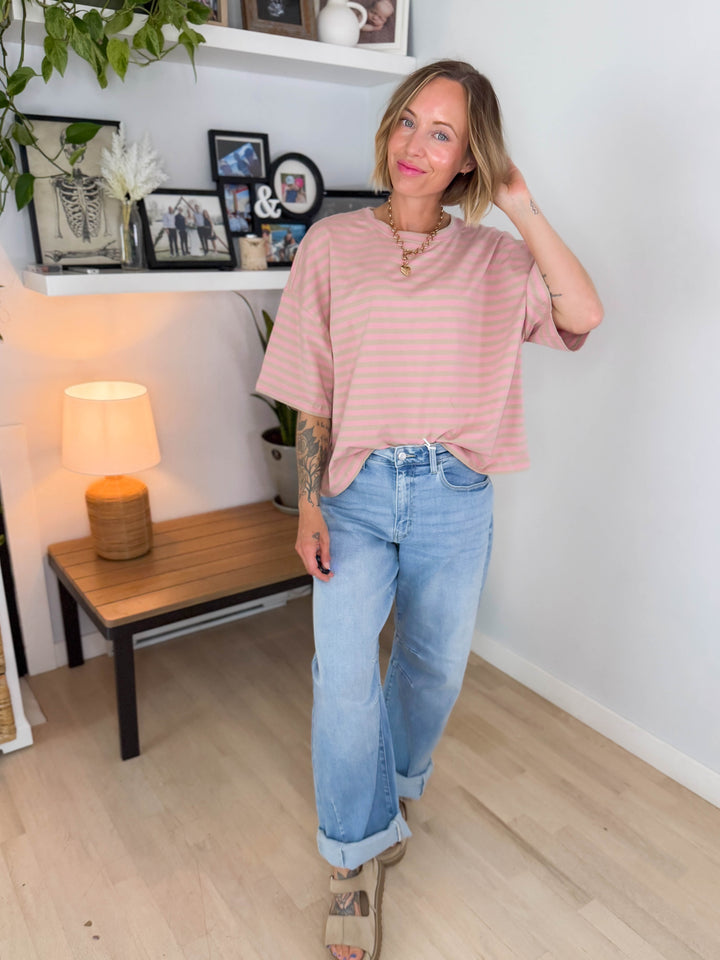 Islaire Oversized Stripe Boyfriend Tee- PINK/OAT