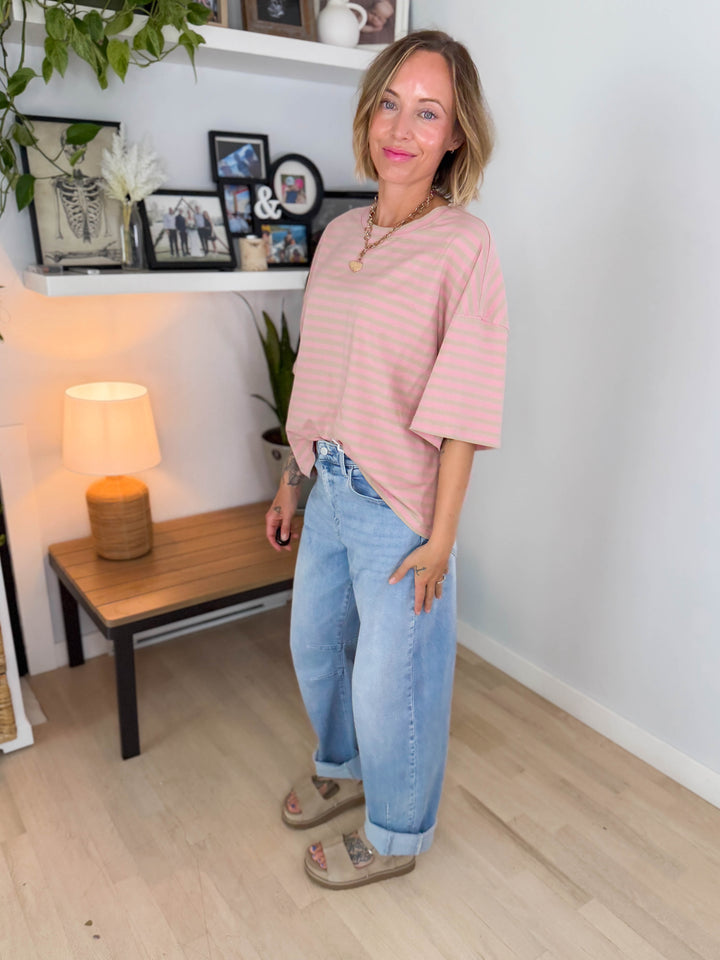 Islaire Oversized Stripe Boyfriend Tee- PINK/OAT