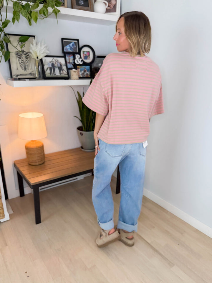 Islaire Oversized Stripe Boyfriend Tee- PINK/OAT