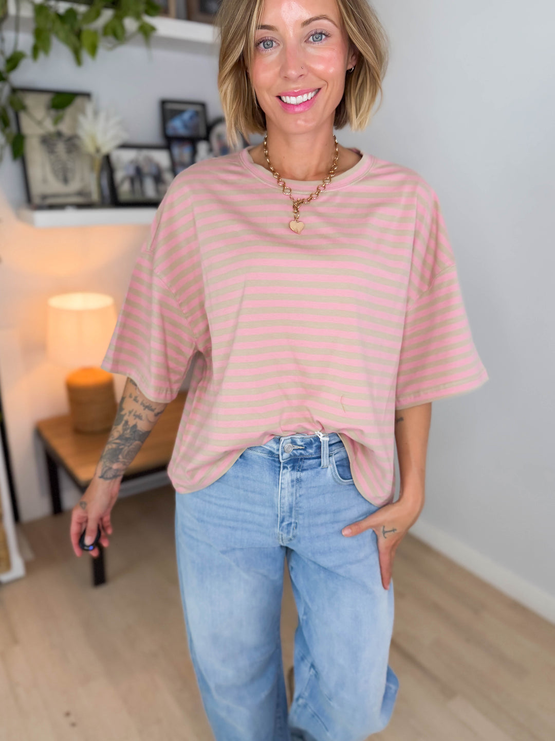 Islaire Oversized Stripe Boyfriend Tee- PINK/OAT