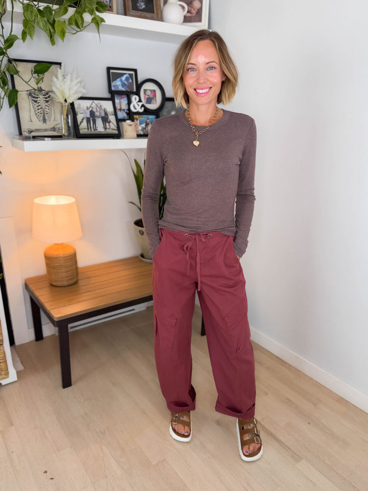 Tansy Basic Crewneck Longsleeve Knit Top- WALNUT