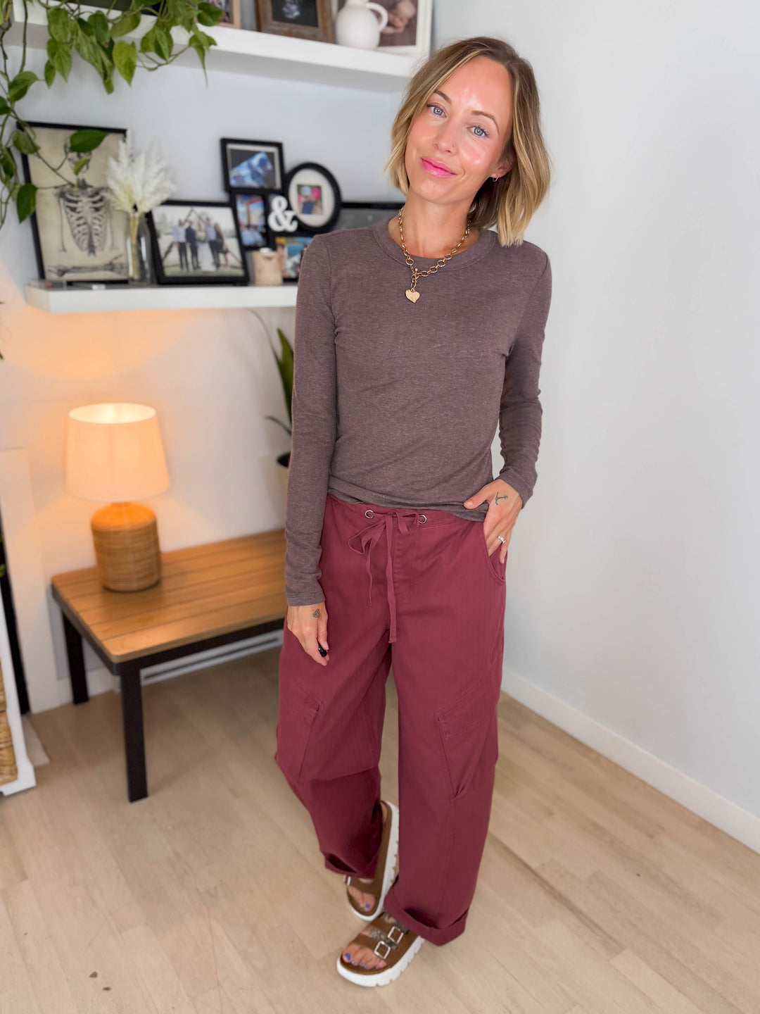 Tansy Basic Crewneck Longsleeve Knit Top- WALNUT