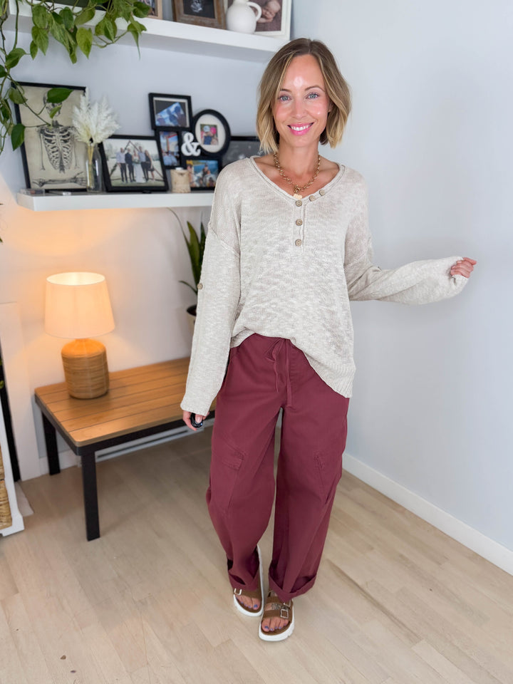 Kaia Henley Button Up Knit Sweater- BEIGE