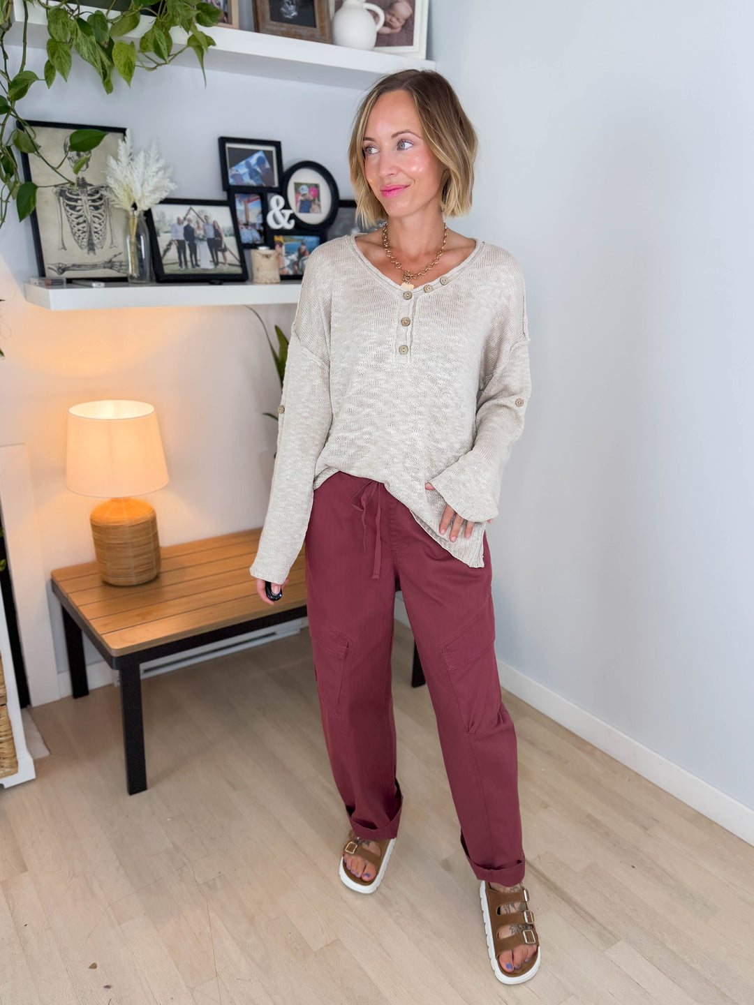 Kaia Henley Button Up Knit Sweater- BEIGE
