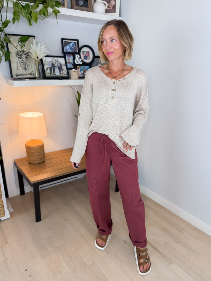 Kaia Henley Button Up Knit Sweater- BEIGE
