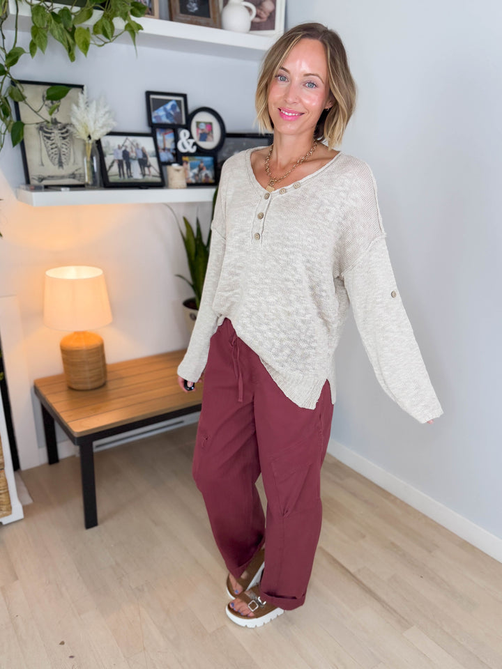 Kaia Henley Button Up Knit Sweater- BEIGE