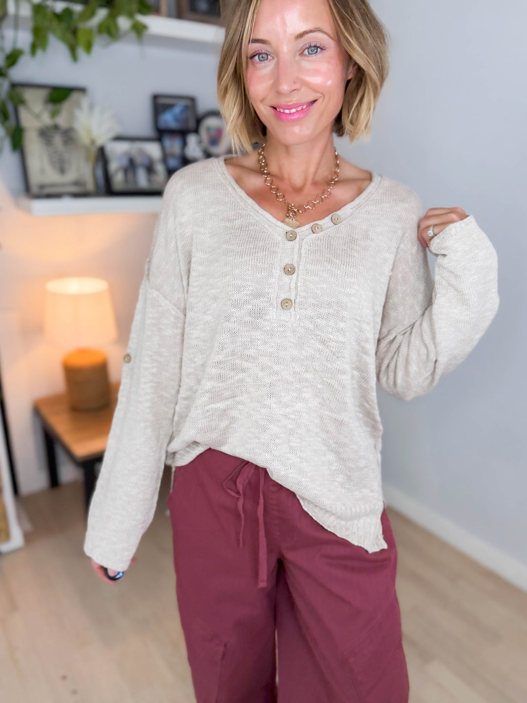 Kaia Henley Button Up Knit Sweater- BEIGE