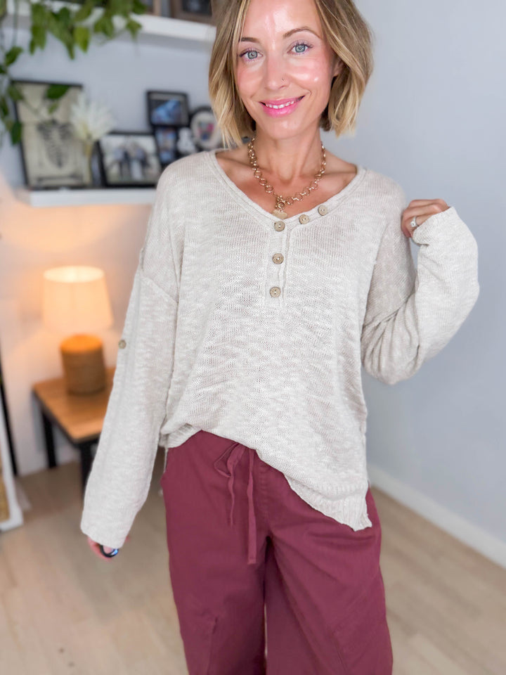 Kaia Henley Button Up Knit Sweater- BEIGE