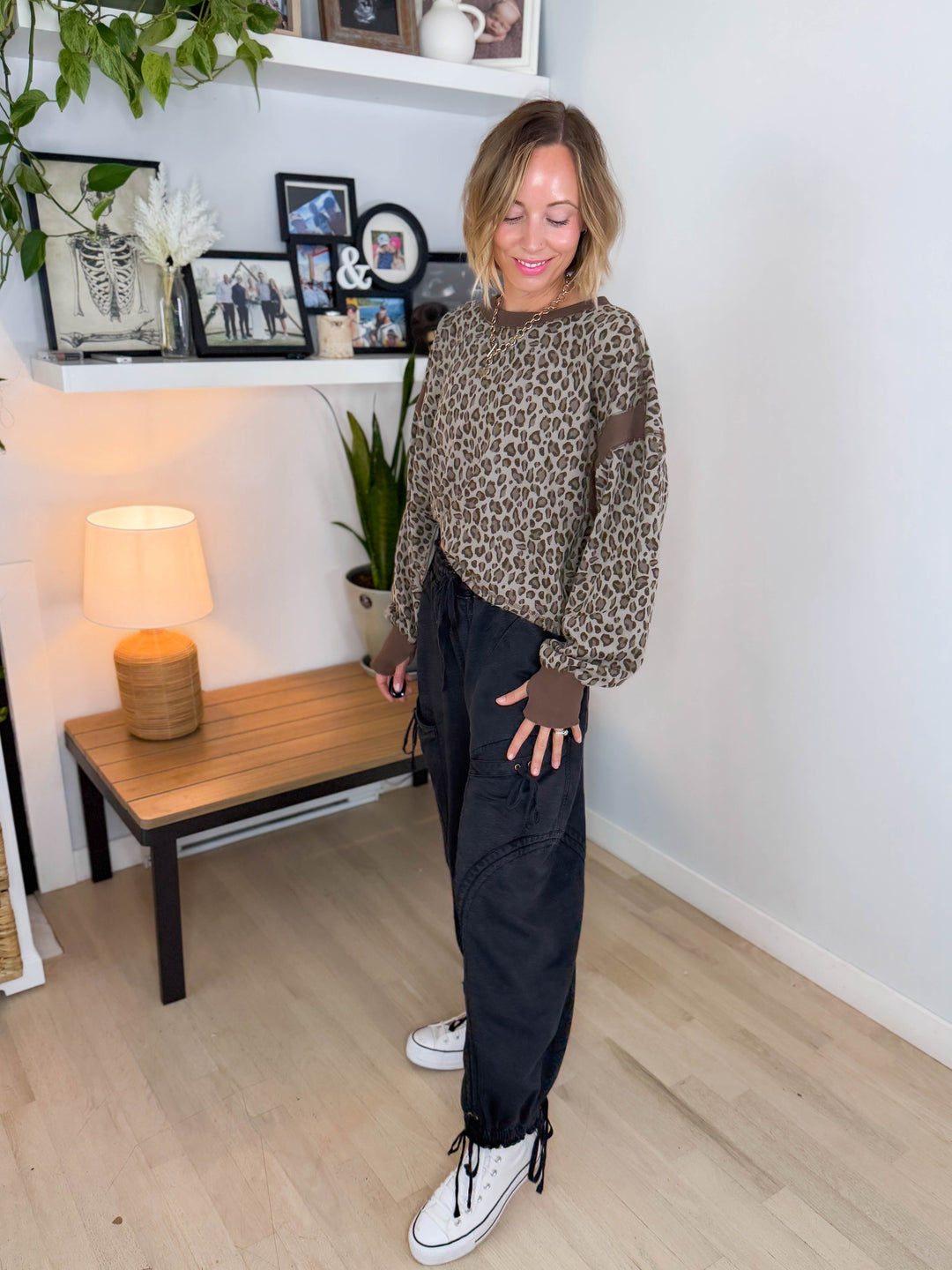 Wilder Animal Print Open Back Long Sleeve- STONE
