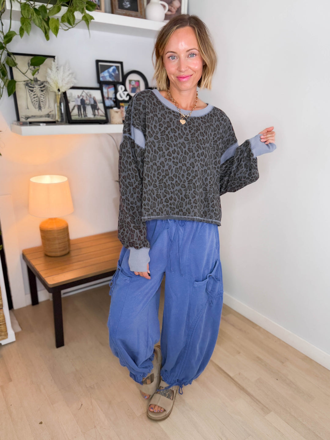 Wilder Animal Print Open Back Long Sleeve- IRON BLUE