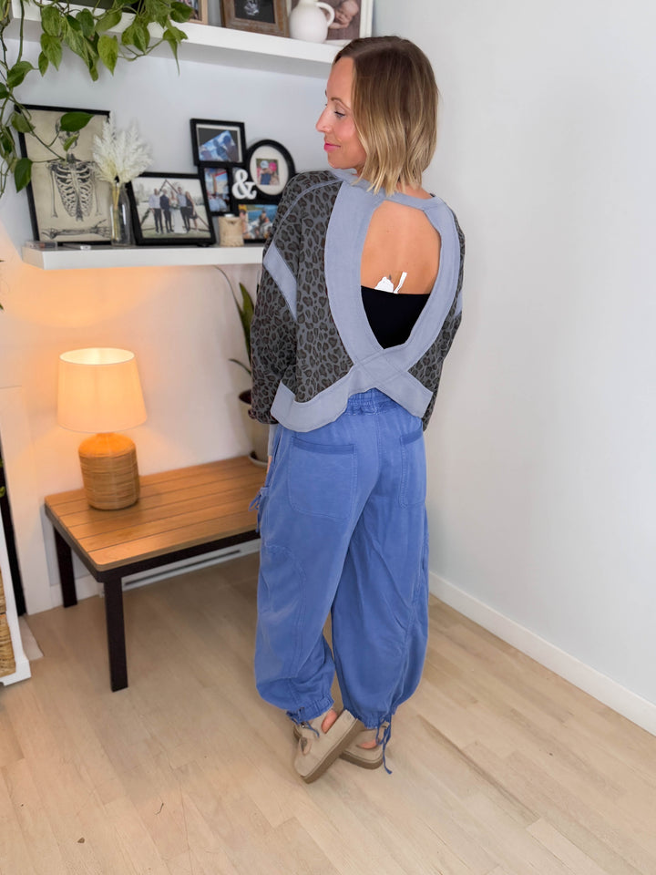 Wilder Animal Print Open Back Long Sleeve- IRON BLUE