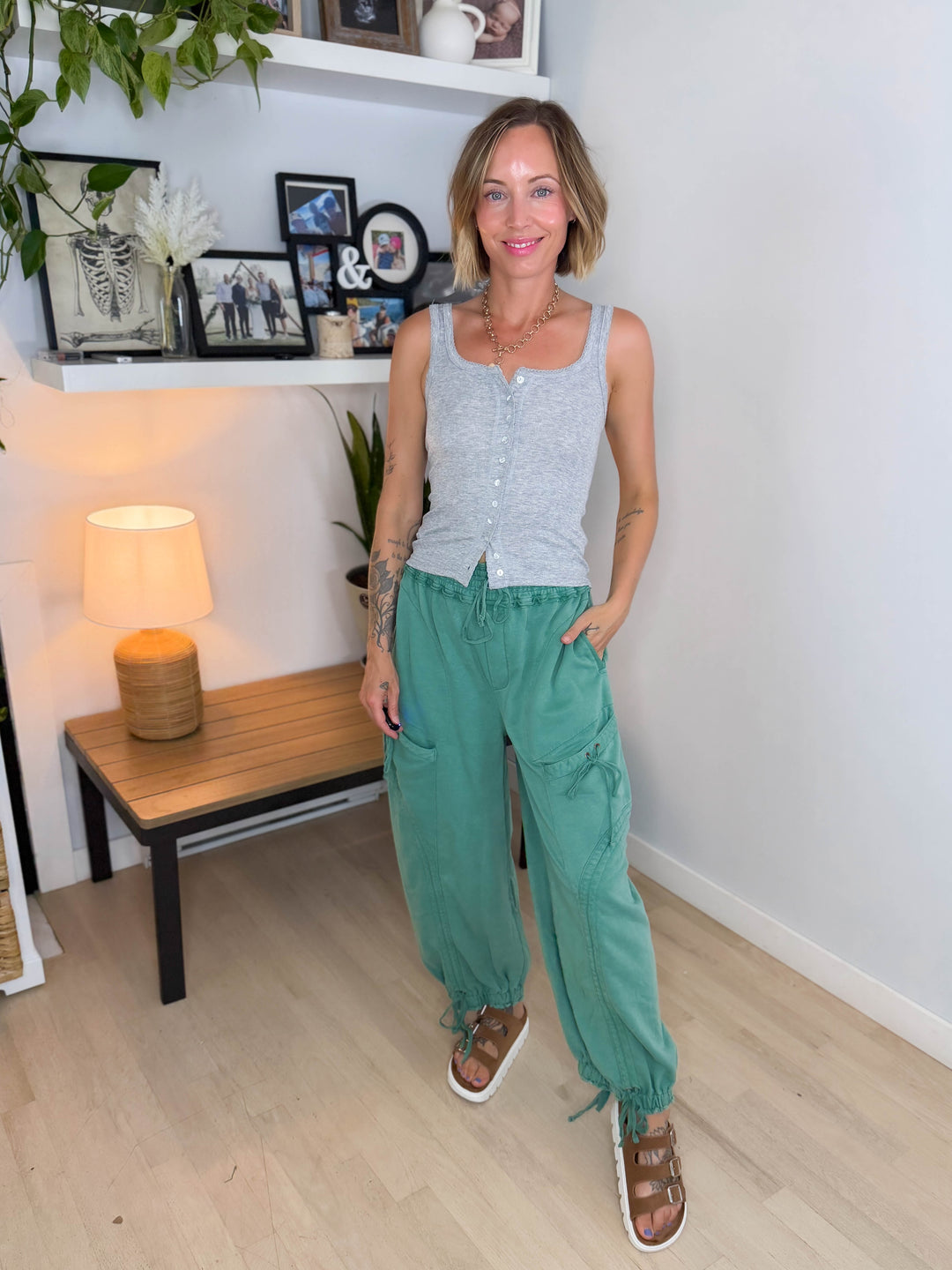 Lark Button Front Cami Tank- HEATHER GREY
