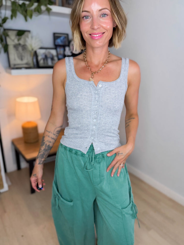Lark Button Front Cami Tank- HEATHER GREY