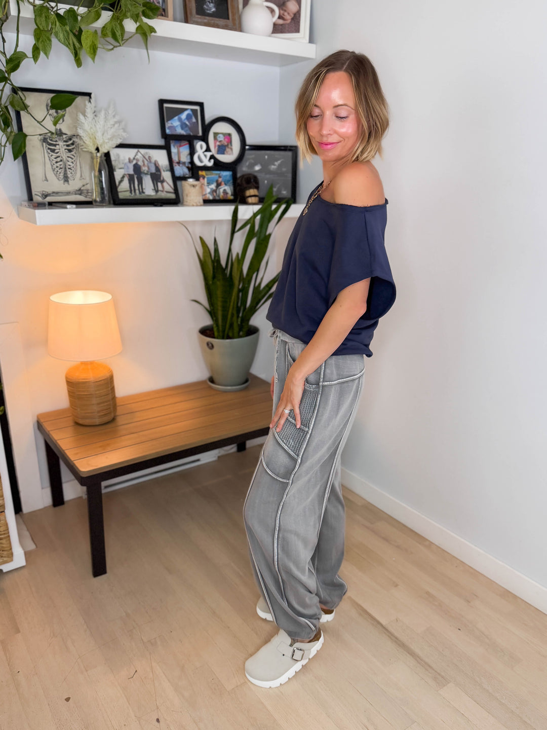 Janice Fleece Off Shoulder Top- NAVY