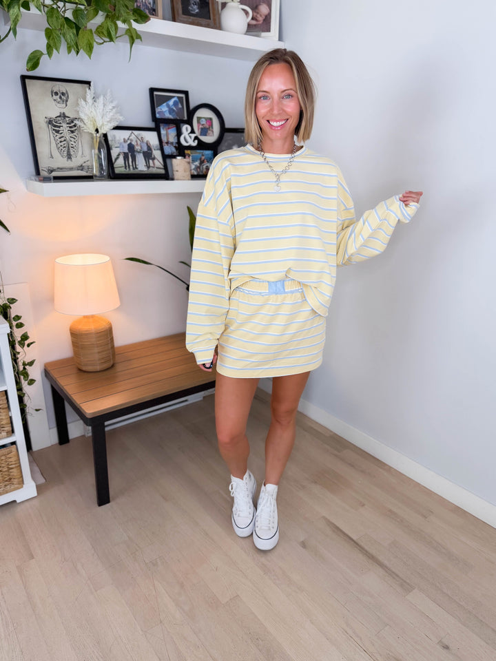 Dallen Striped Terry Lounge Sweatshirt & Skort Set- YELLOW/BABY BLUE