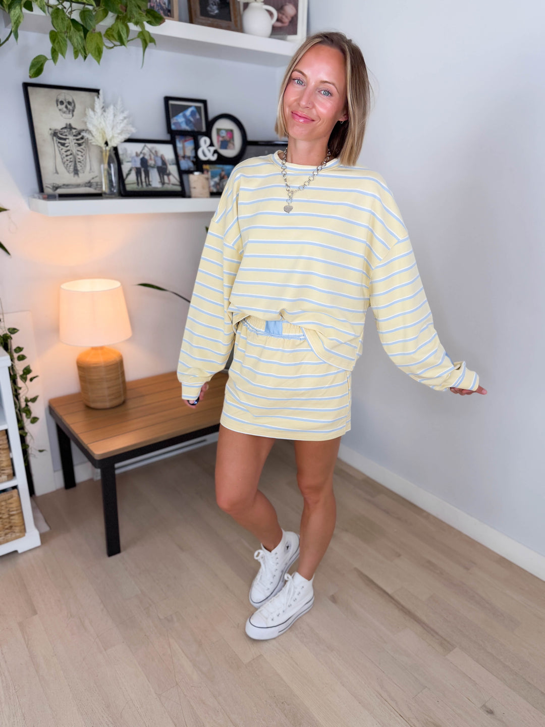 Dallen Striped Terry Lounge Sweatshirt & Skort Set- YELLOW/BABY BLUE