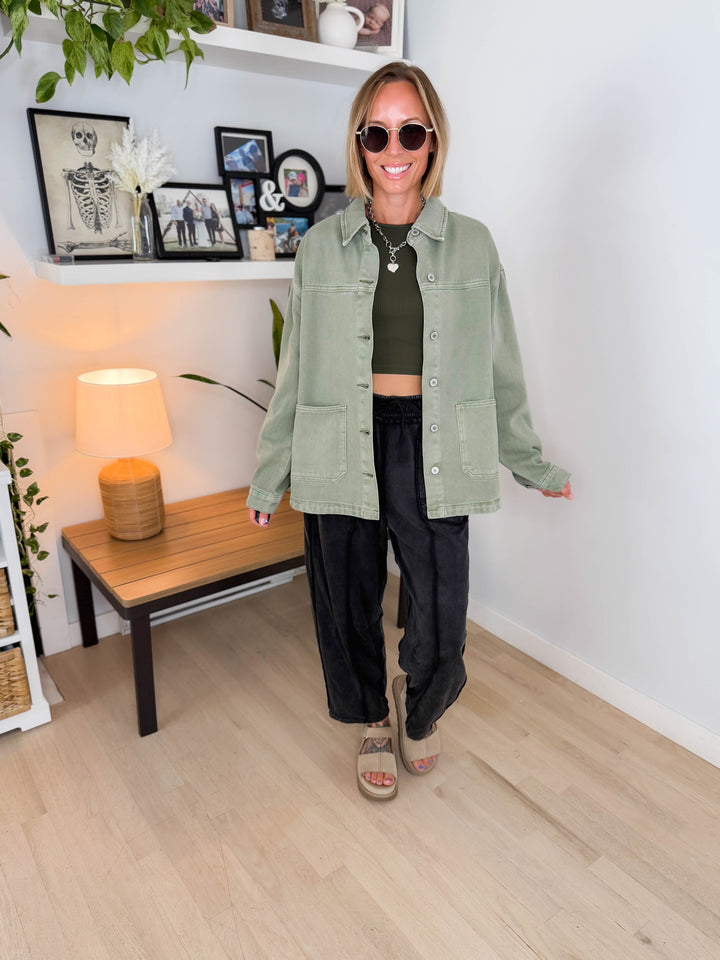 Grace Denim Button Up Jacket- OLIVE