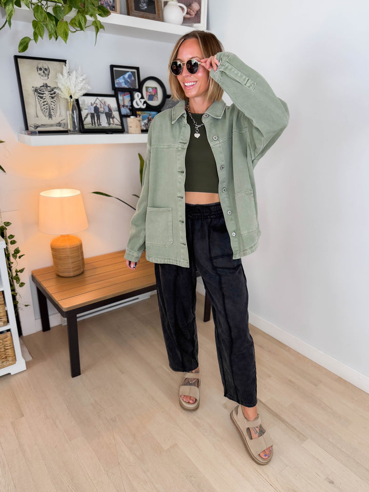 Grace Denim Button Up Jacket- OLIVE