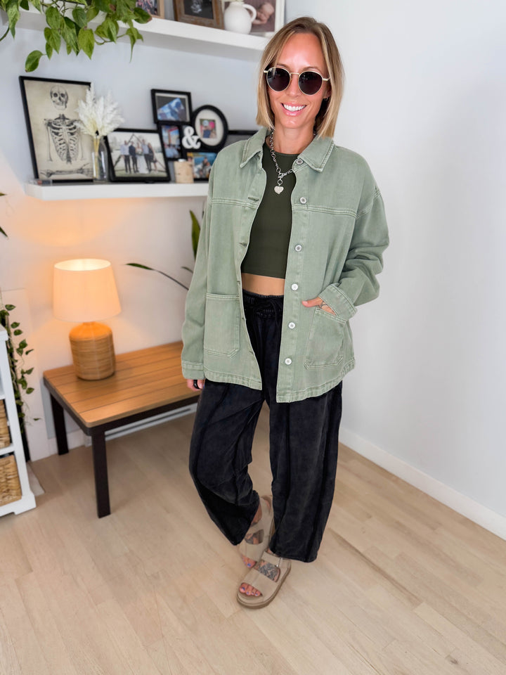 Grace Denim Button Up Jacket- OLIVE