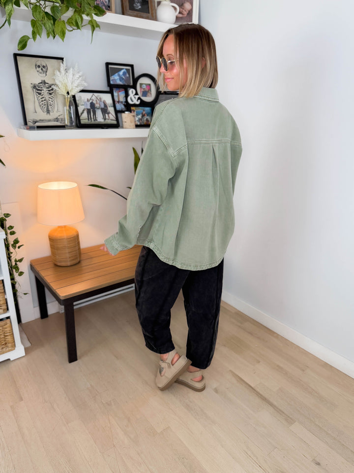 Grace Denim Button Up Jacket- OLIVE