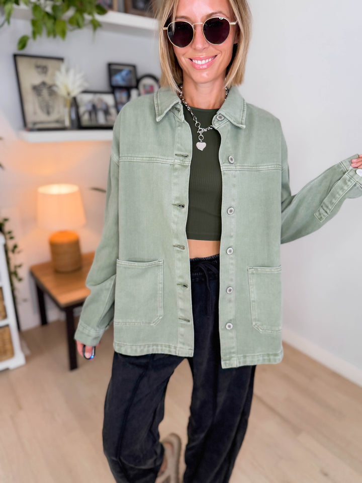Grace Denim Button Up Jacket- OLIVE
