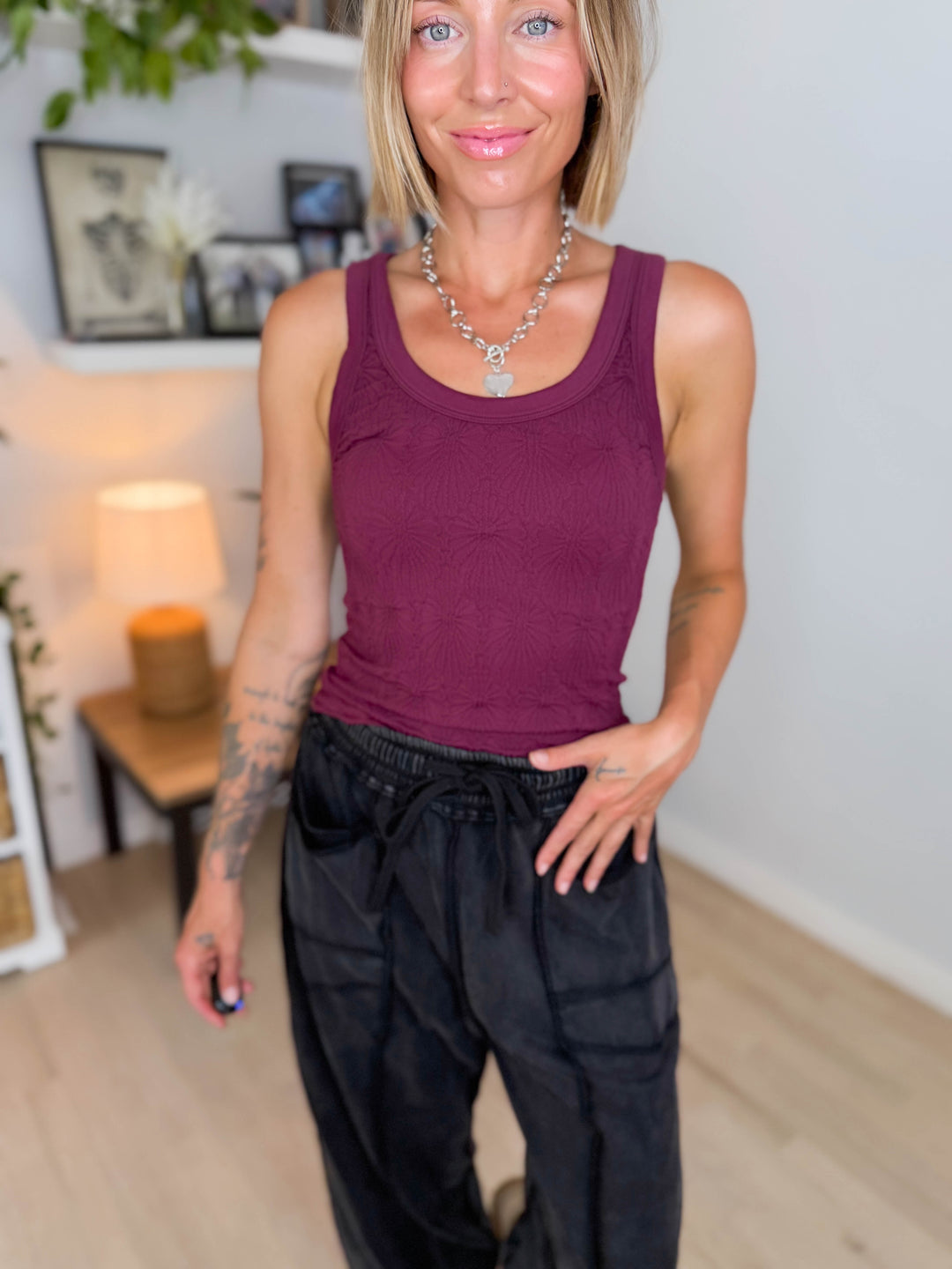Reversible Lace Textured Tank Top- FIG