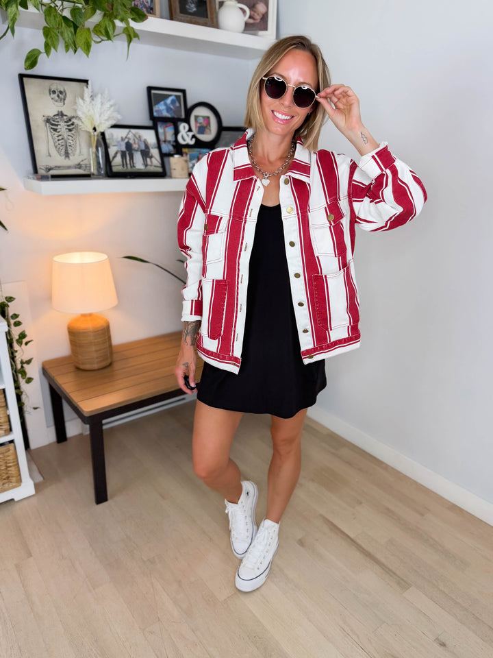 Jessie Vintage Striped Denim Jacket- RED