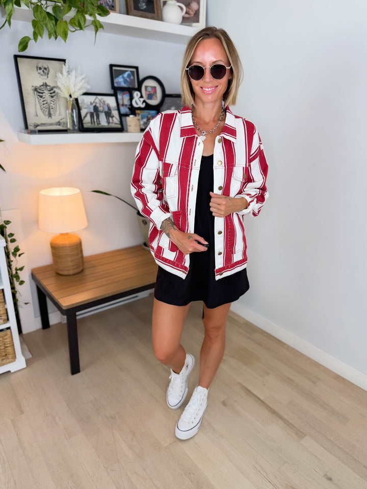 Jessie Vintage Striped Denim Jacket- RED