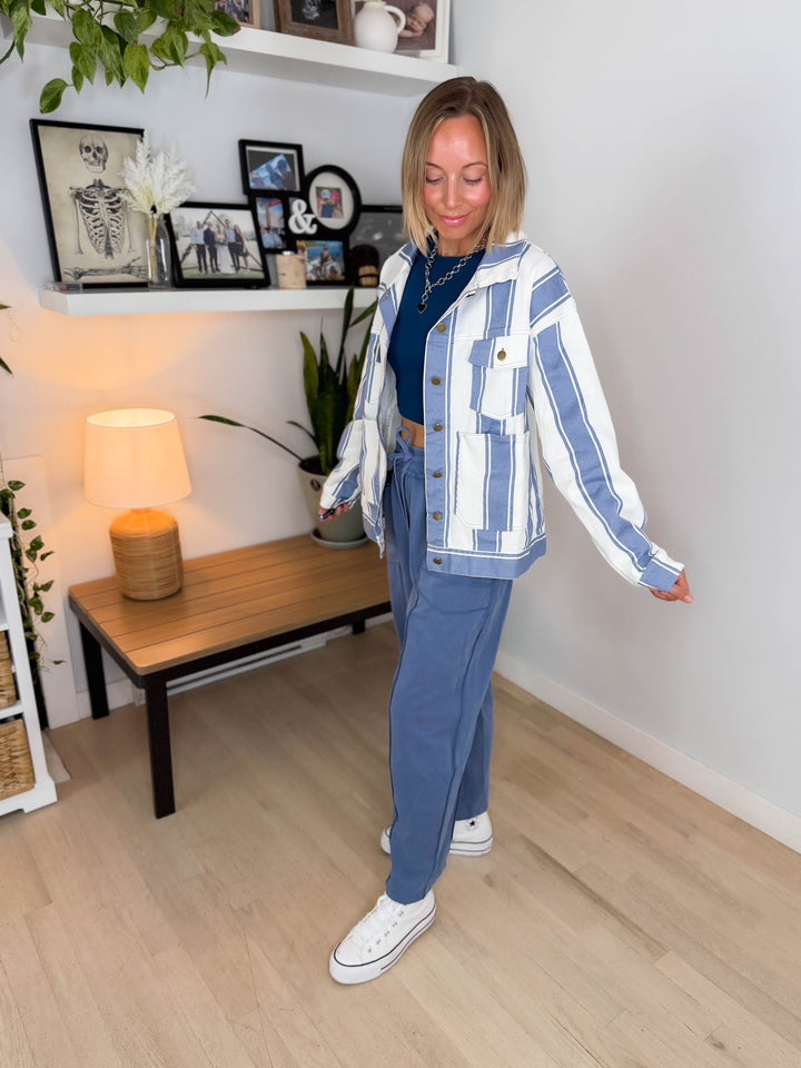 Jessie Vintage Striped Denim Jacket- LIGHT DENIM