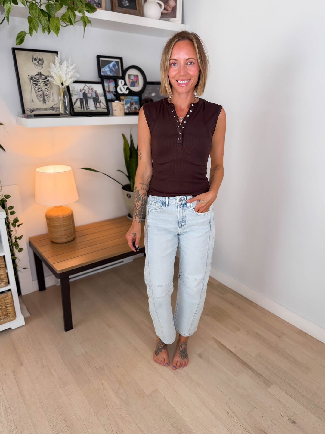 Mono B Emmer Micro Ribbed Henley- COFFEE