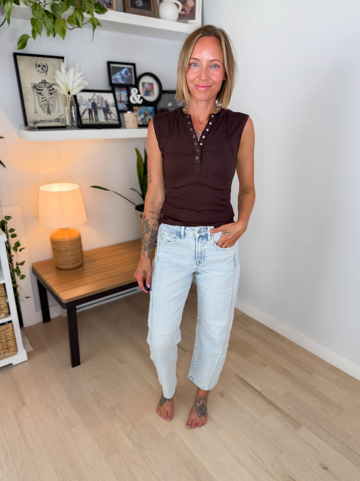 Mono B Emmer Micro Ribbed Henley- COFFEE