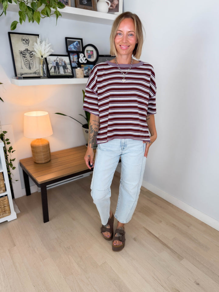 Finner Striped Short Sleeve Boxy Top- FIG JAM