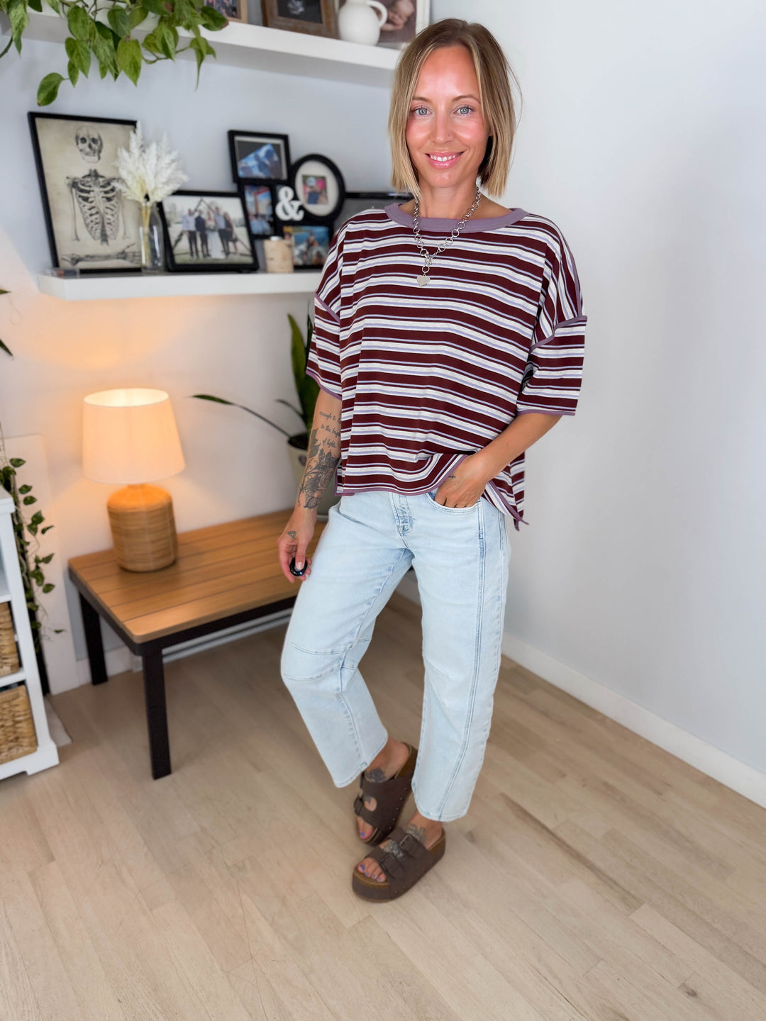 Finner Striped Short Sleeve Boxy Top- FIG JAM