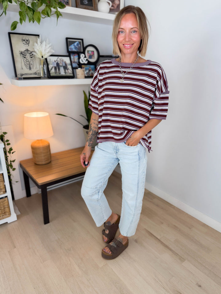 Finner Striped Short Sleeve Boxy Top- FIG JAM