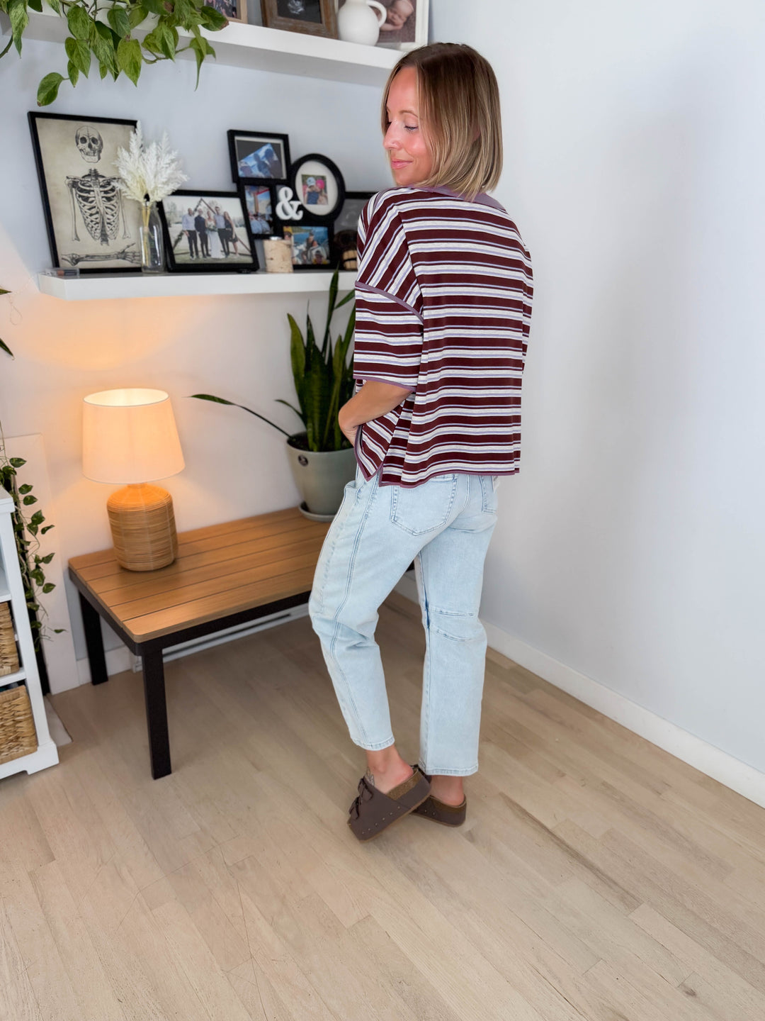 Finner Striped Short Sleeve Boxy Top- FIG JAM