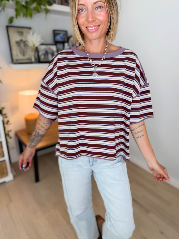 Finner Striped Short Sleeve Boxy Top- FIG JAM