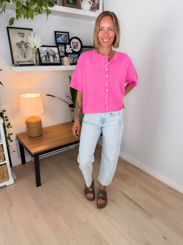 Bette Button Up Sweater Top- HIBISCUS