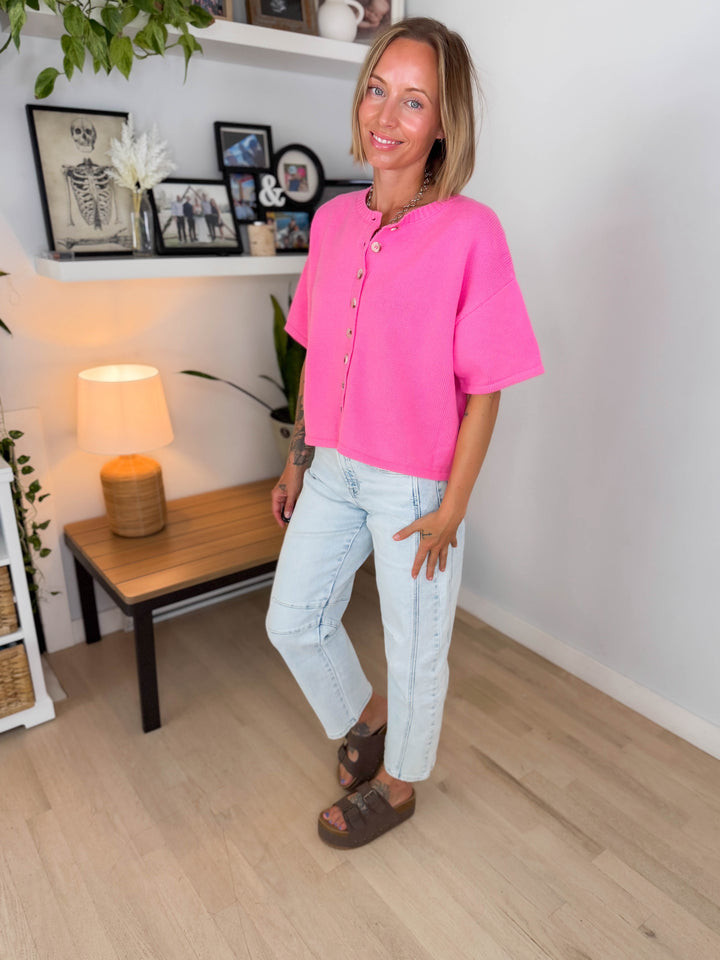 Bette Button Up Sweater Top- HIBISCUS