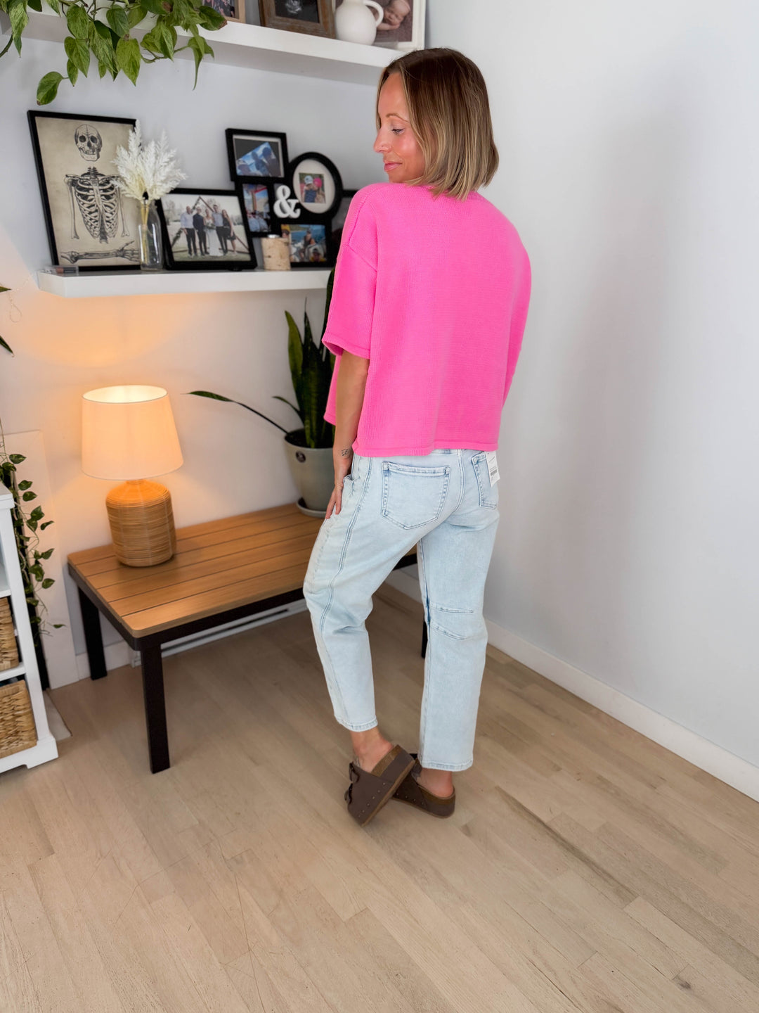 Bette Button Up Sweater Top- HIBISCUS