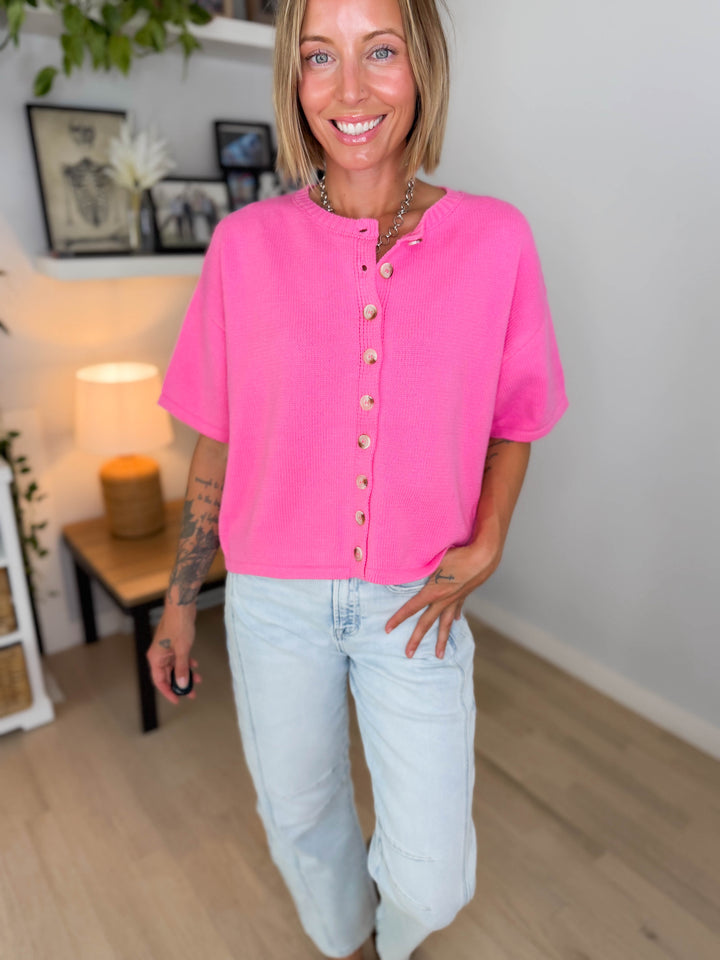 Bette Button Up Sweater Top- HIBISCUS