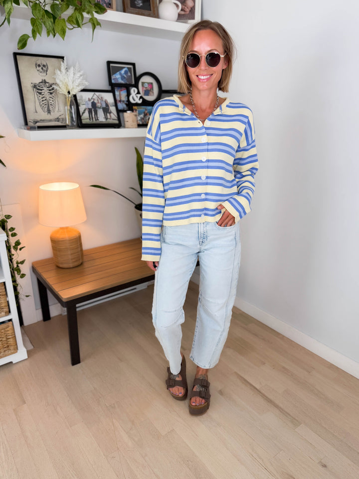 Maggie Striped Button Up Long Sleeve Sweater- DAISY COMBO