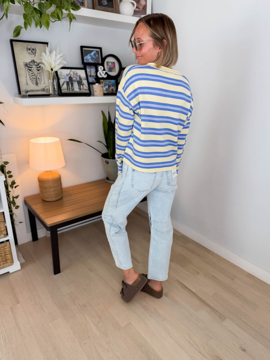 Maggie Striped Button Up Long Sleeve Sweater- DAISY COMBO
