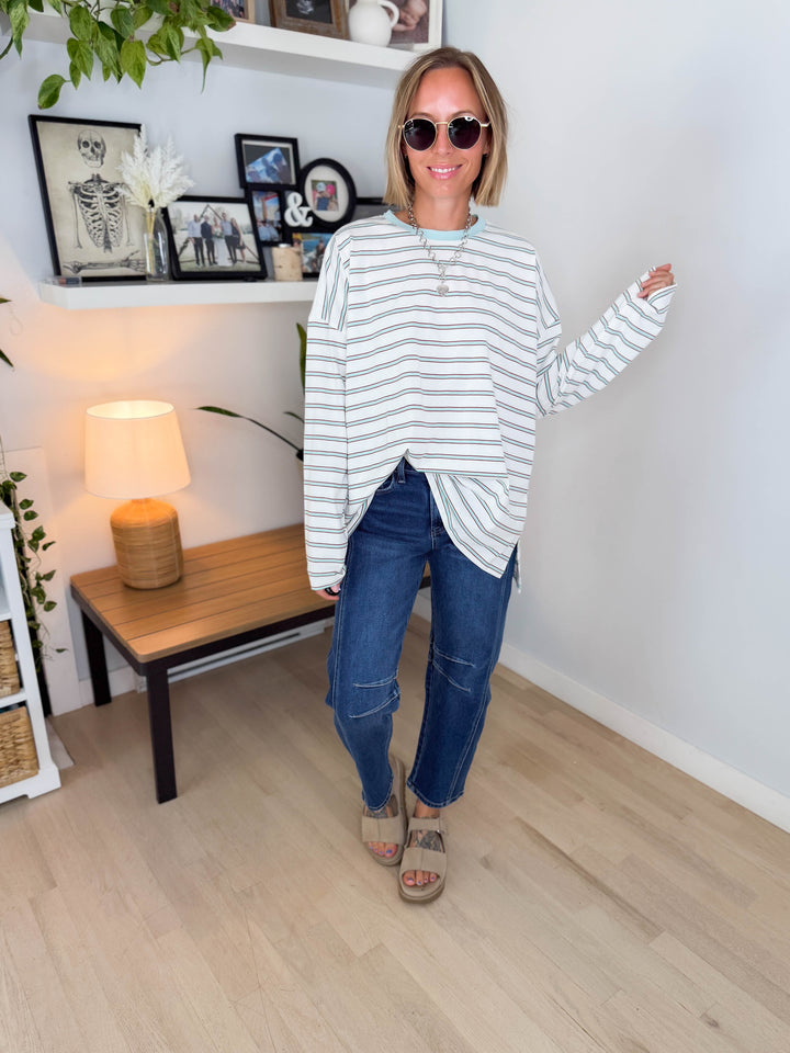 Jules Oversized Striped Pullover- OFF WHITE/MINT