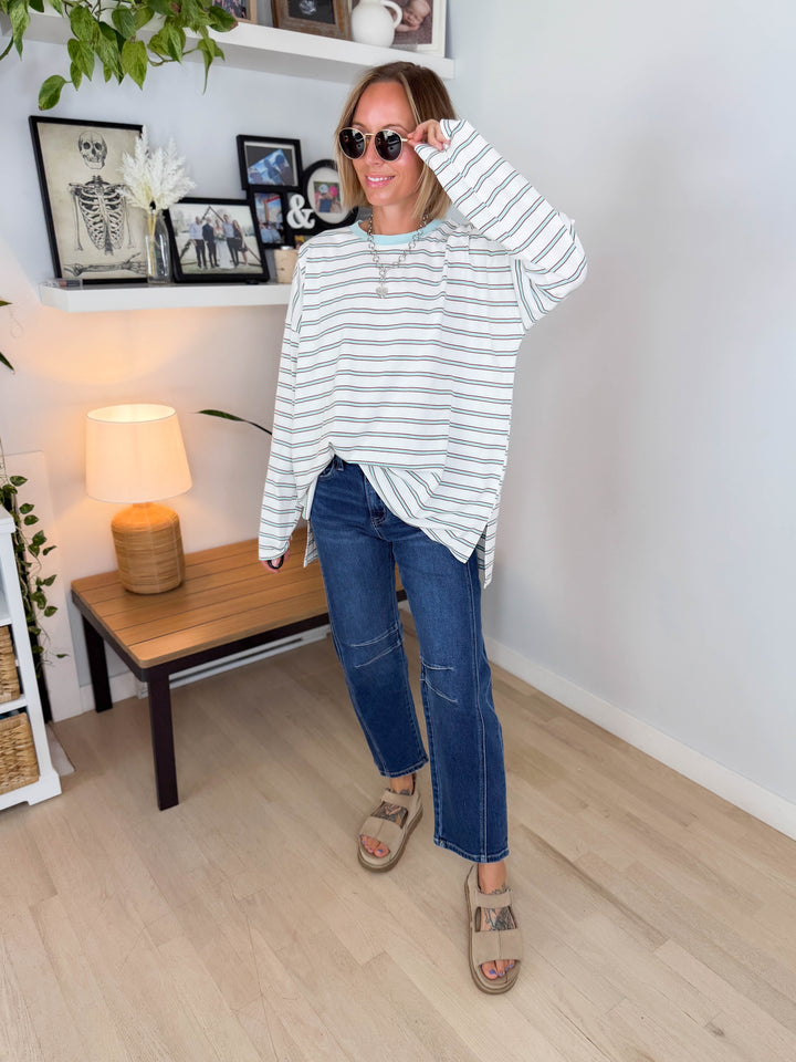 Jules Oversized Striped Pullover- OFF WHITE/MINT