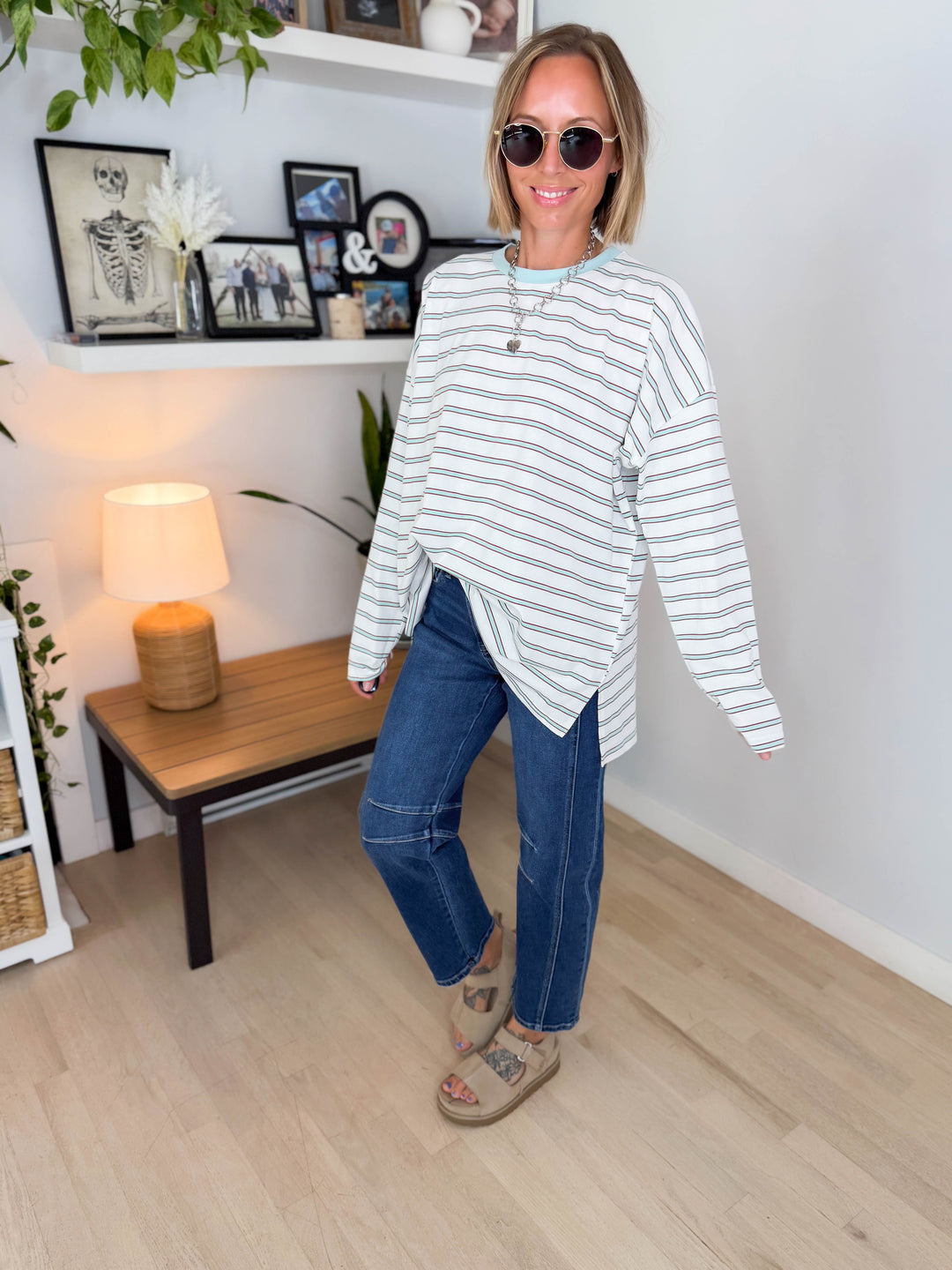 Jules Oversized Striped Pullover- OFF WHITE/MINT