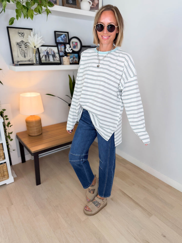 Jules Oversized Striped Pullover- OFF WHITE/MINT