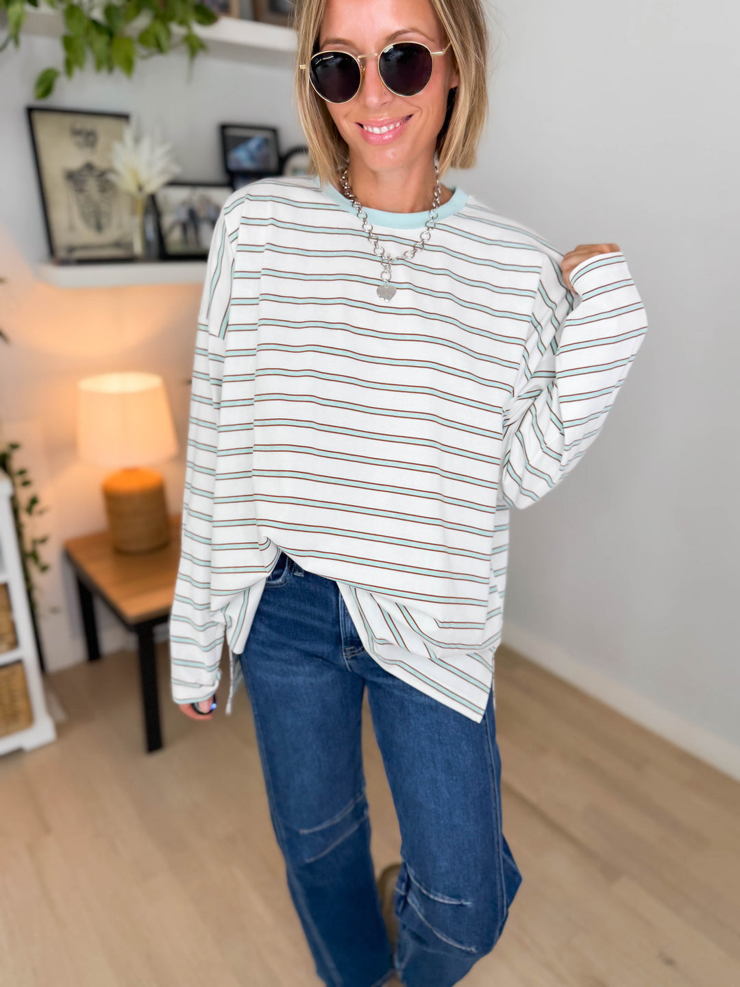 Jules Oversized Striped Pullover- OFF WHITE/MINT