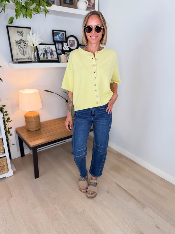 Bette Button Up Sweater Top- LEMON