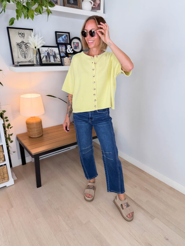Bette Button Up Sweater Top- LEMON